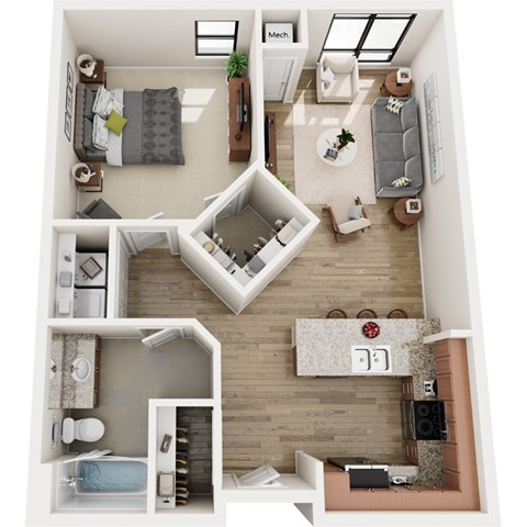 Floor plan for 1 bed, 1 bath, 879 sqft